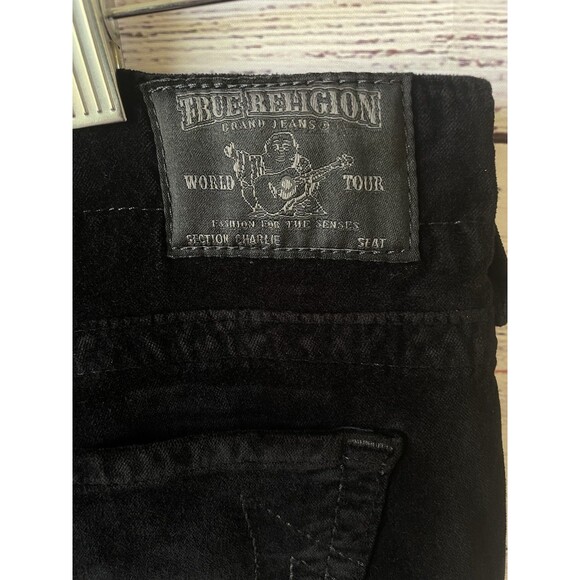 True Religion Charlie Flare Pants 29 Black Velvet Stretch Y2K Made in USA Glam - Picture 5 of 12